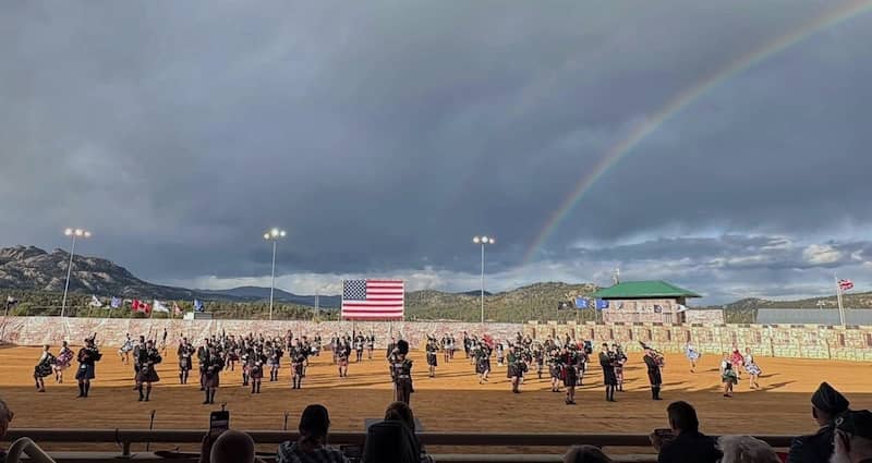 A rainbow over the finale performance of the Estes Park International Tattoo 2026