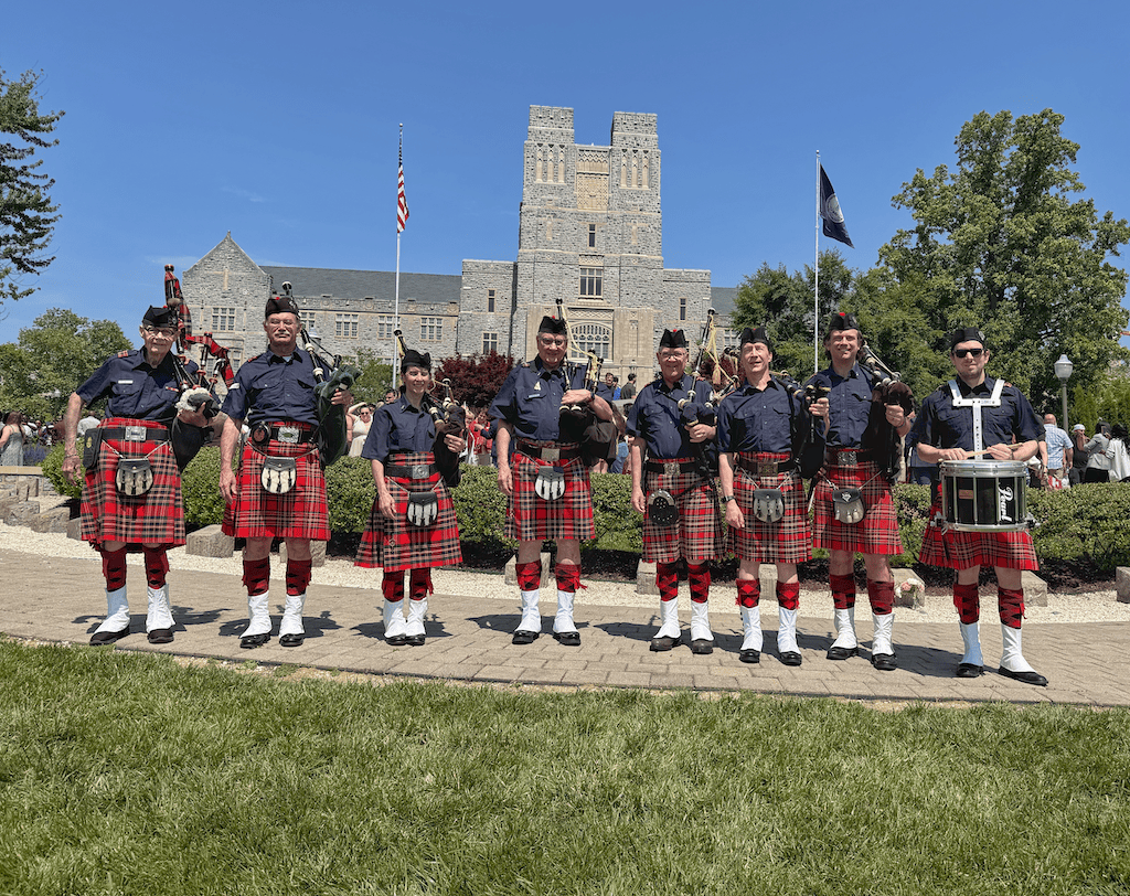 Kendall Giles with Virginia Highlands Pipes and Drums at Virginia Tech
